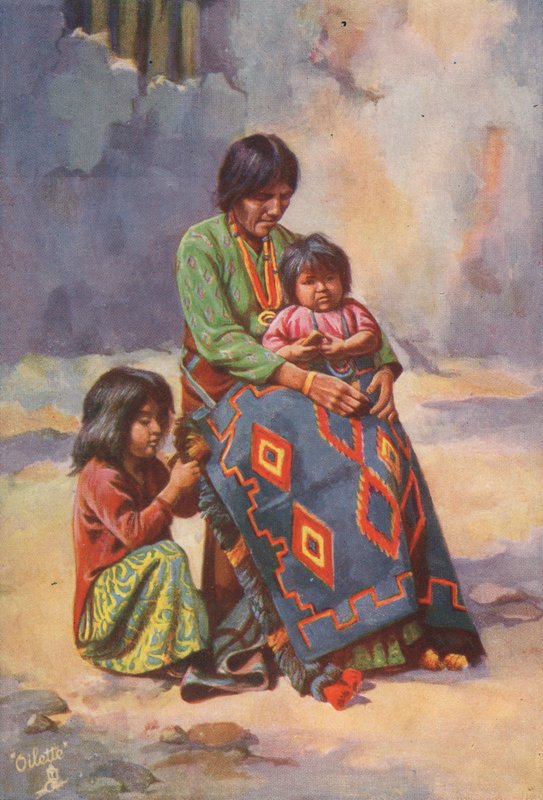 Uma índia Navajo e crianças (litografia a cores) de English School