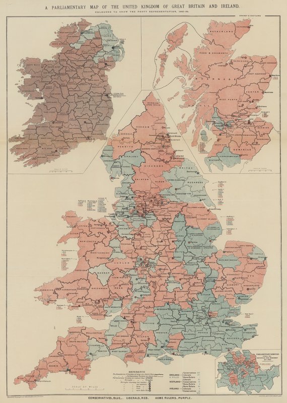 Mapa Parlamentar do Reino Unido da Grã-Bretanha e Irlanda (cor litho) de English School