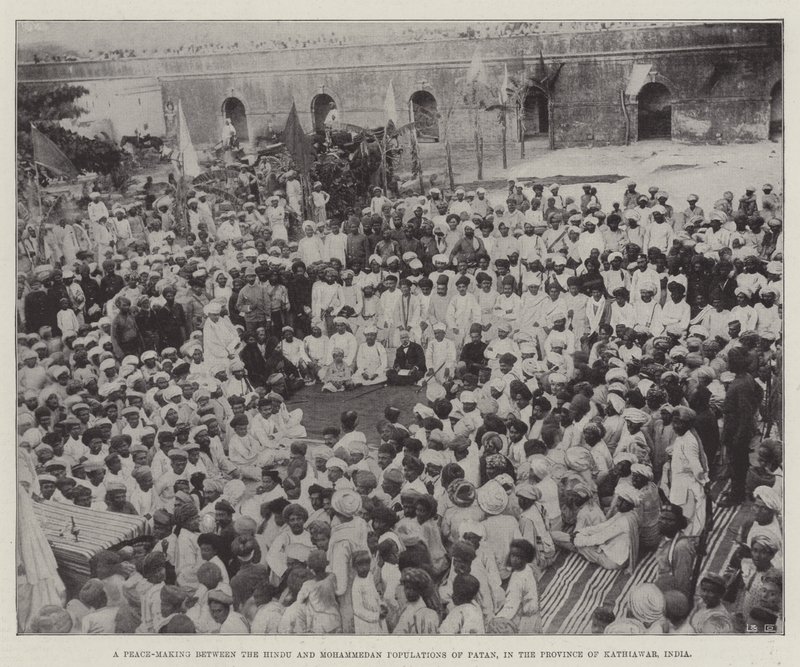 Um processo de paz entre as populações hindu e maometana de Patan, na Província de Kathiawar, Índia (gravura) de English School
