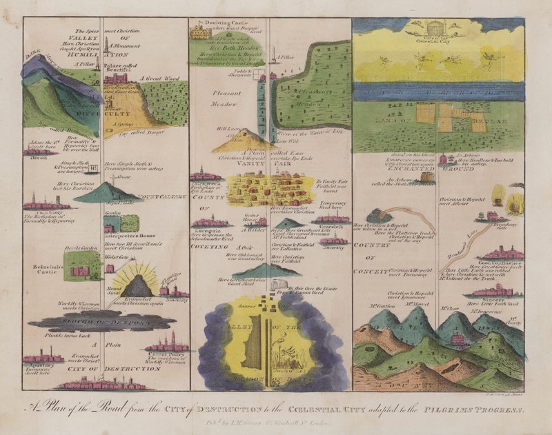 Um Plano da Estrada da Cidade da Destruição para a Cidade Celestial adaptado ao Progresso dos Peregrinos (gravura colorida) de English School