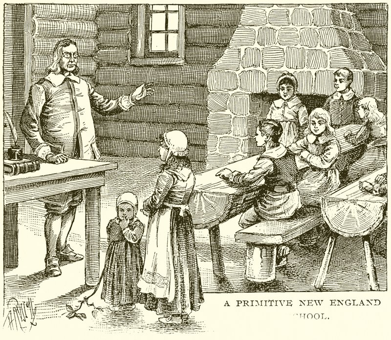 Uma escola primitiva da Nova Inglaterra de English School