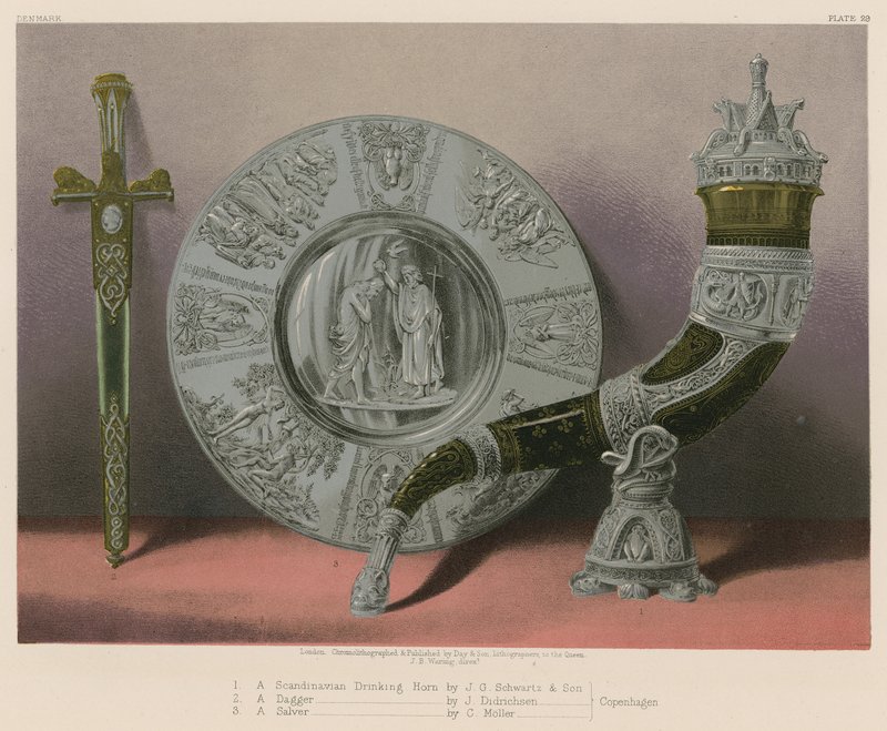 Um chifre bebendo escandinavo por JG Schwartz e filho, um punhal por J Didrichsen, um Salver por C Moller, Copenhaga de English School