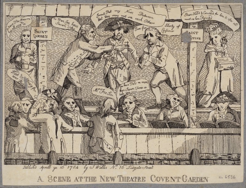 A Scene at the New Theatre, Covent Garden: sátira que retrata uma reunião política em Covent Garden, Londres de English School