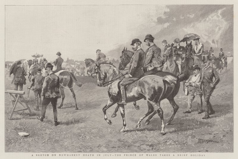 Um esboço sobre Newmarket Heath em Julho, o Príncipe de Gales tira umas breves férias (gravura) de English School