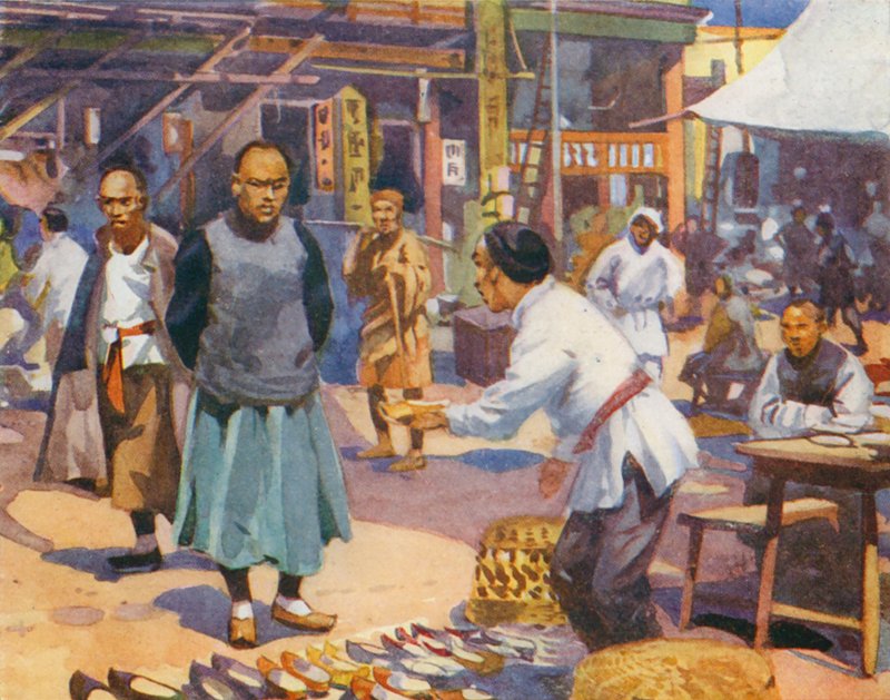 Uma cena de rua na China (litografia a cores) de English School