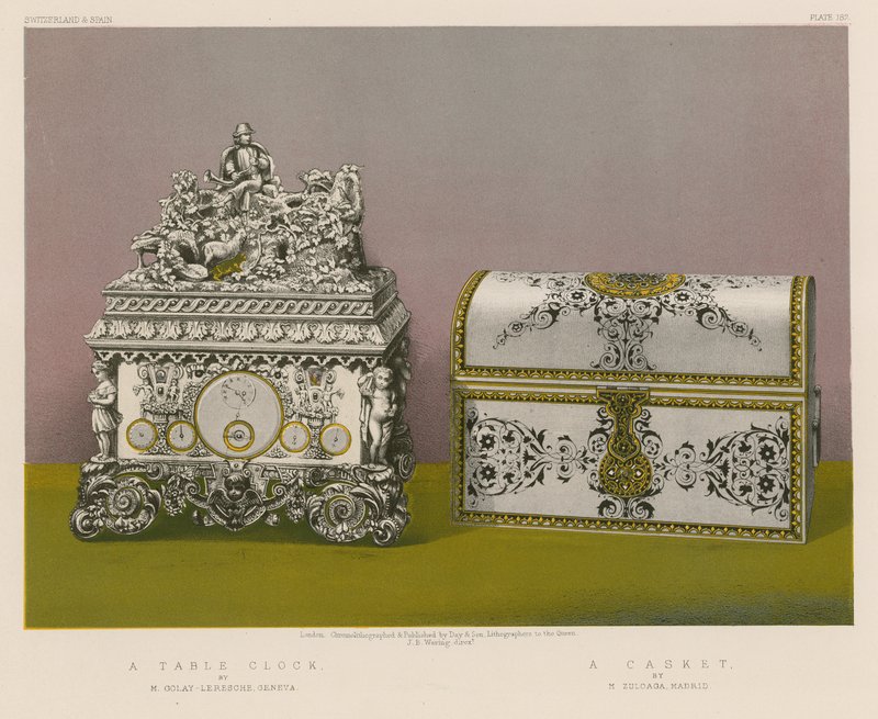 Um relógio de mesa por M Golay-Leresche, Genebra; Um caixão de M Zuloaga, Madrid de English School