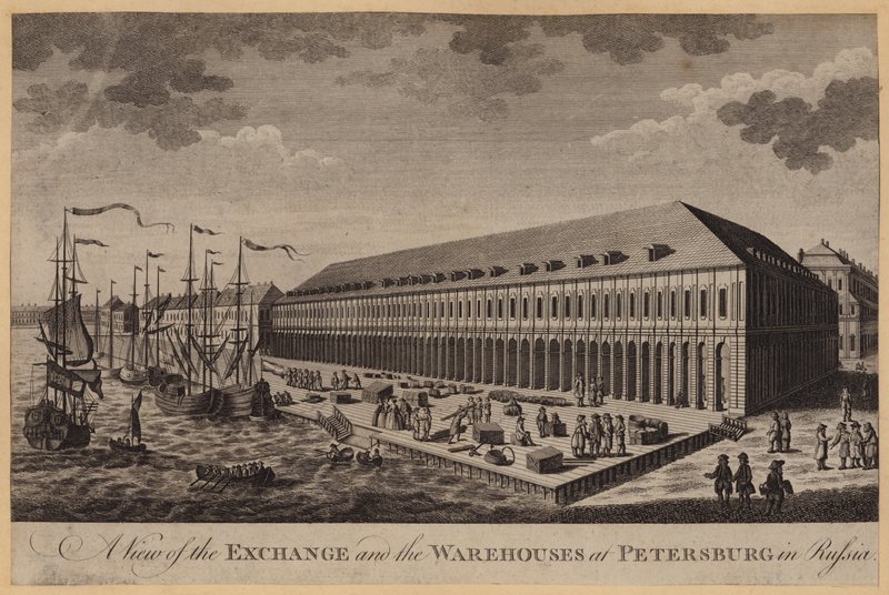A View of the Exchange and the Warehouses at Petersburg in Russia (gravura) de English School