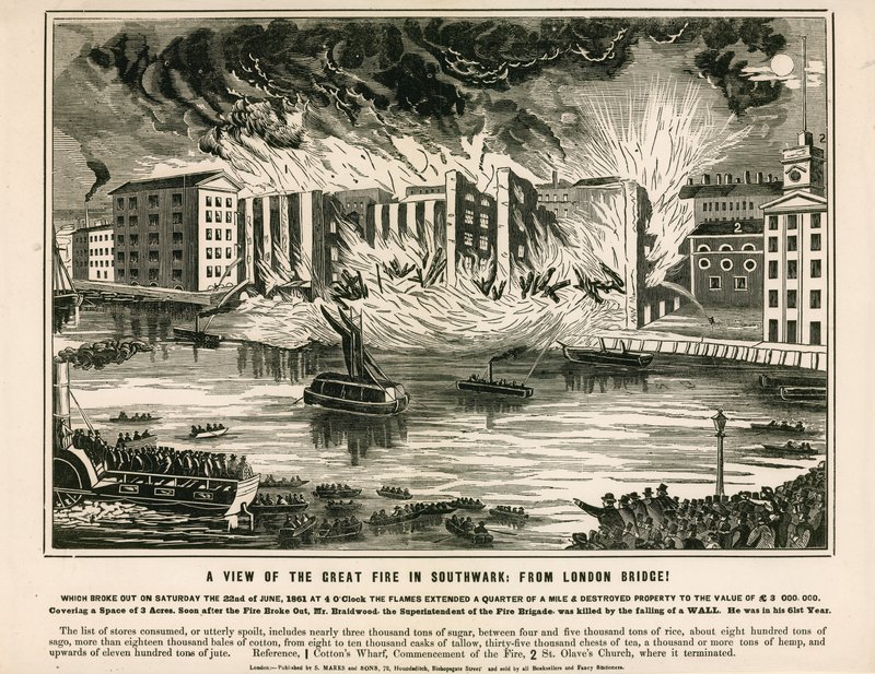 Uma vista do grande incêndio em Southwark, da ponte de Londres de English School