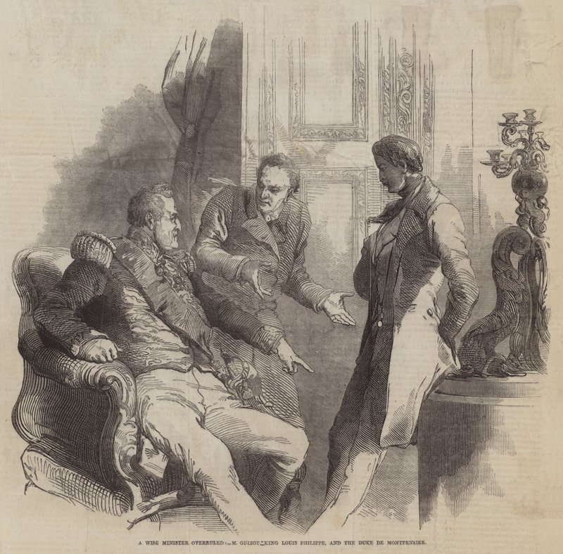 Um Ministro Sábio rejeitado, M Guizot King Louis Philippe, e o Duque de Montpensier (gravura) de English School
