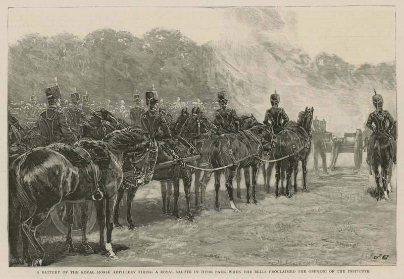 Uma bateria da Royal Horse Artillery disparando uma saudação real no Hyde Park quando os sinos proclamaram a abertura do Instituto Imperial de English School