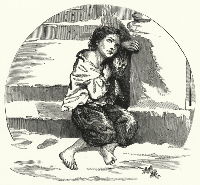 Um menino mendigando na neve (litho) de English School