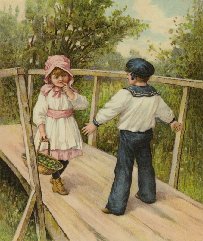 Um menino dizendo a uma garota que ela deve pagar um pedágio para atravessar a ponte que ele está em pé de English School