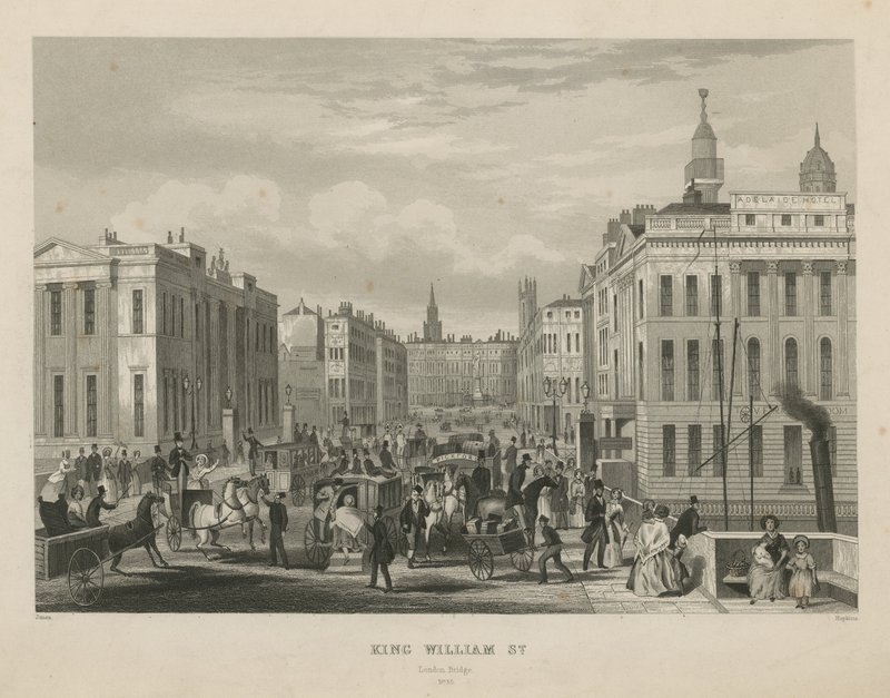 Uma cena de rua movimentada na King William Street de English School