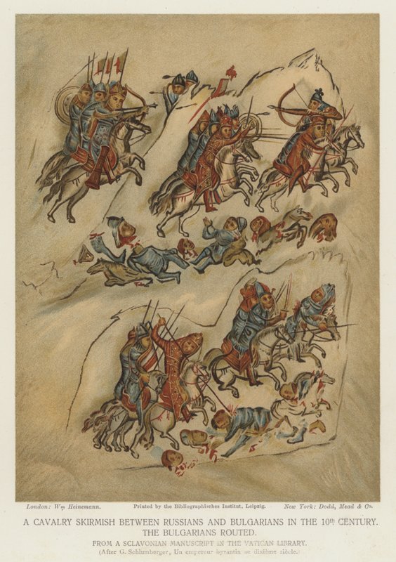 Uma escaramuça de cavalaria entre russos e búlgaros no século X (litografia a cores) de English School