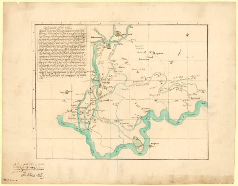 Uma cópia do plano projetado no ano de 1721 para trazer um novo rio de Uxbridge, corrigido, 6 de fevereiro de 1766 de English School