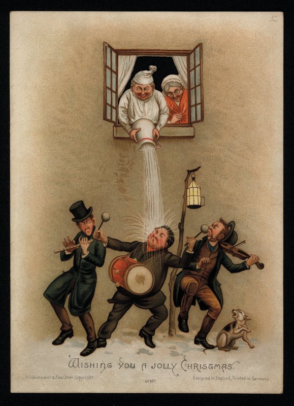 Um casal que se opõe aos cantores de Natal fora da sua janela, cartão de boas festas (chromolitho) de English School