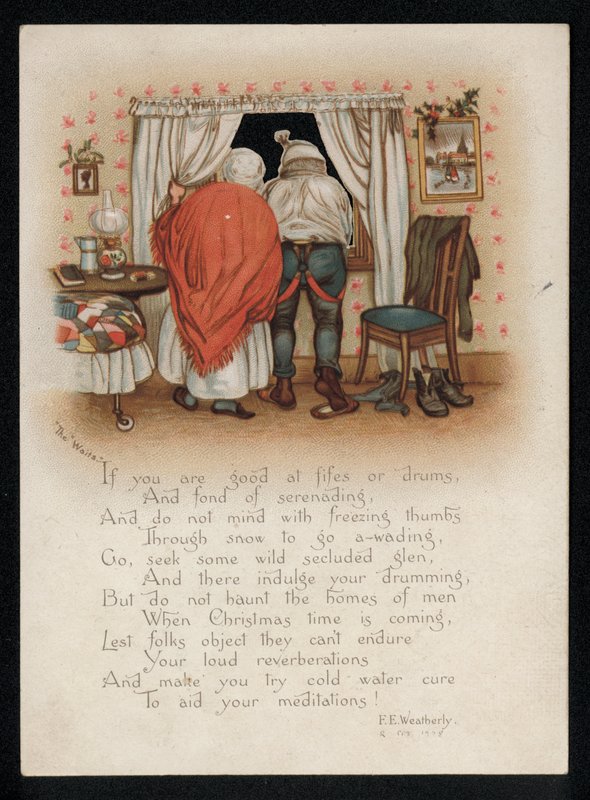 Um casal a opor-se aos cantores de cânticos de Natal do lado de fora da sua janela, cartão de boas festas. (chromolitho) de English School