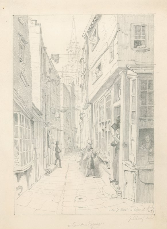 Um tribunal ou passagem perto da Igreja St Martins, Londres, julho de 1828 de English School
