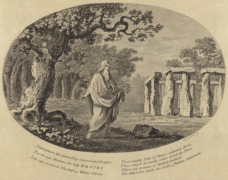 Um, druid, levando, cuttings, com, um, foice, ao lado, um, antiga, monumento de English School