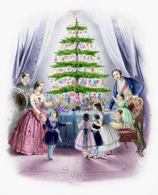 Uma família em pé em torno de uma árvore de Natal (gravura colorida) de English School