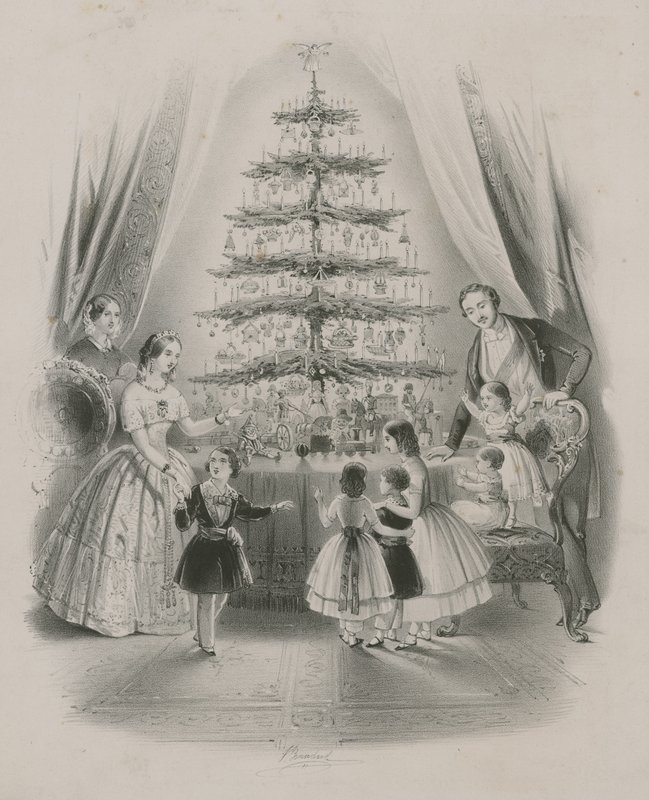 Um, família, ficar, ao redor, um, árvore natal de English School