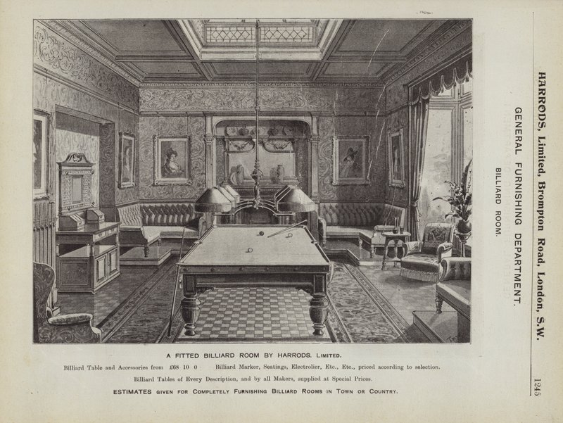 Uma sala de bilhar equipada de Harrods (litho) de English School