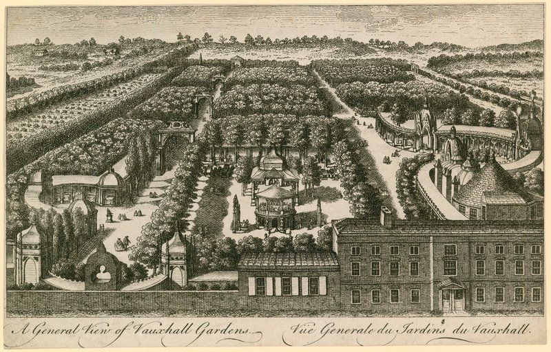 Uma visão geral de Vauxhall Gardens, Londres de English School