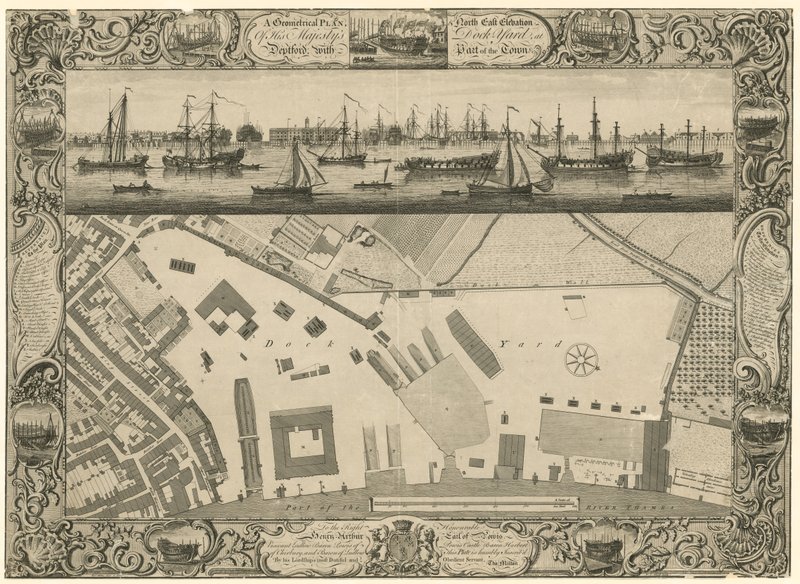 Um plano geométrico e elevação a nordeste de sua majestade Dock Yard em Deptford com parte da cidade de English School