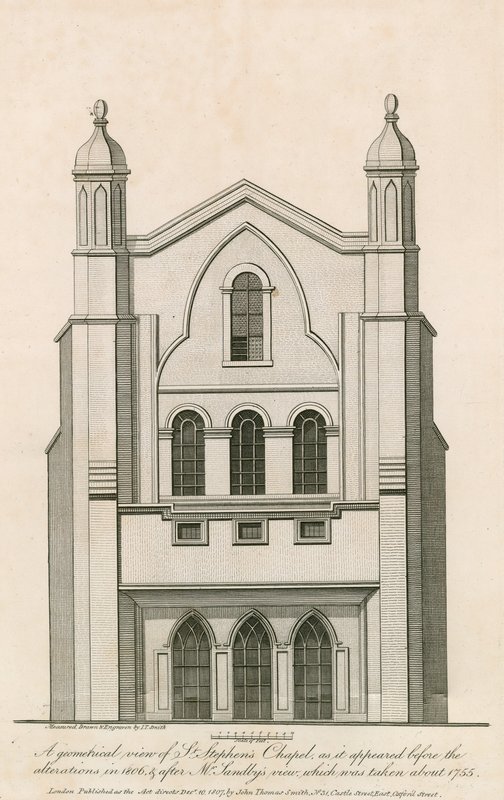Uma visão geométrica da Capela de São Stephens como apareceu antes das alterações em 1806 etc de English School