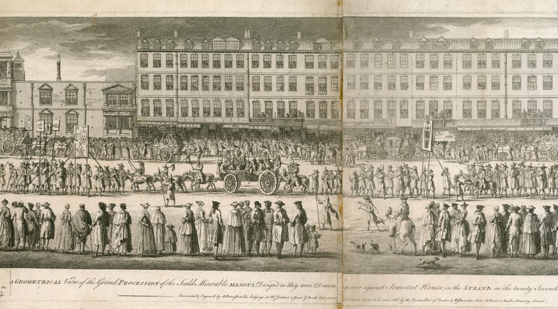 Uma visão geométrica da grande procissão da Scald Miserable Masons, Somerset House, Londres de English School