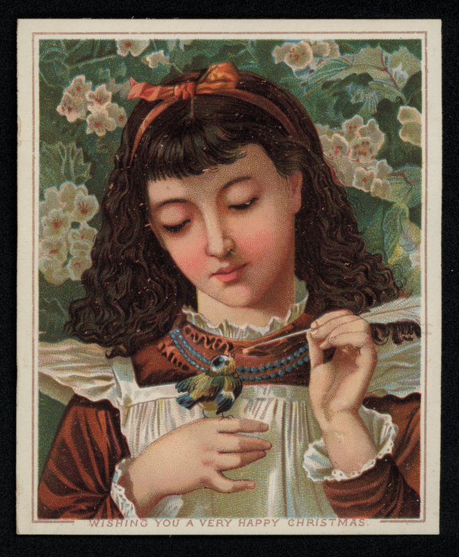 Uma rapariga a alimentar uma mama azul, cartão de boas festas de Natal. (chromolitho) de English School