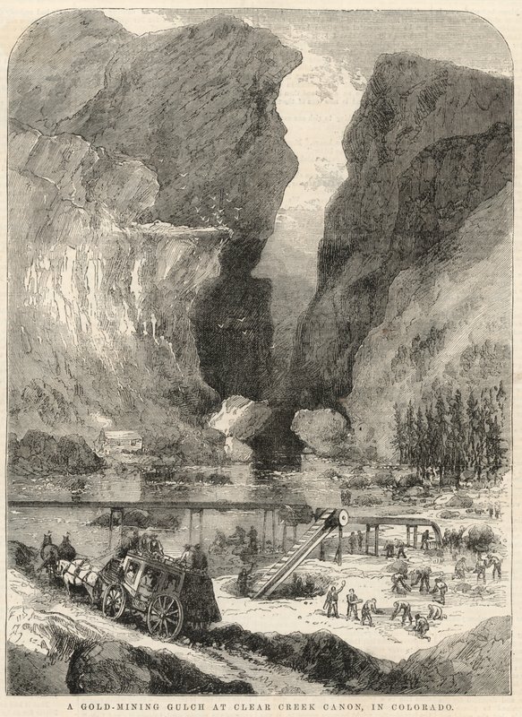Uma ravina de mineração de ouro no Clear Creek Canyon, no Colorado de English School
