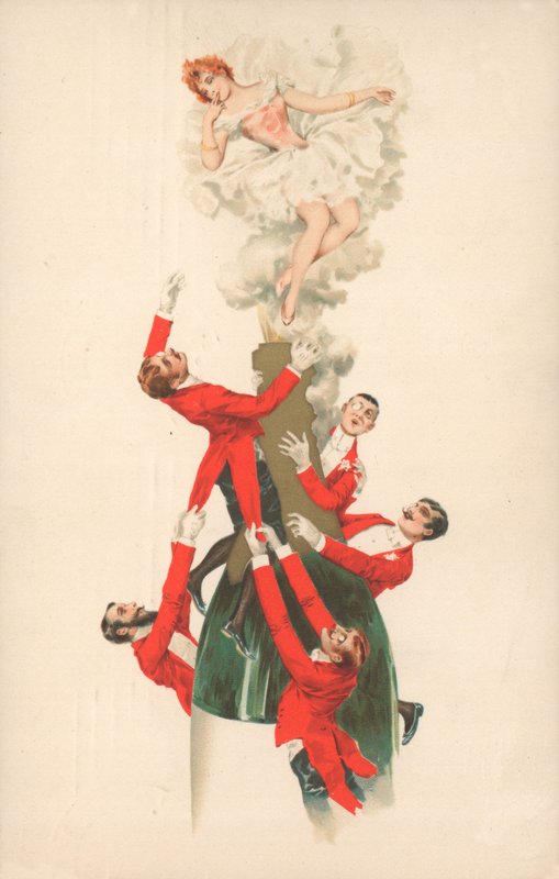 Um, grupo, de, vermelho-jacketed, homens, escalando, um, garrafa champanha de English School