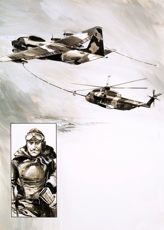 Um helicóptero reabastecido durante o voo (guache no papel) de English School