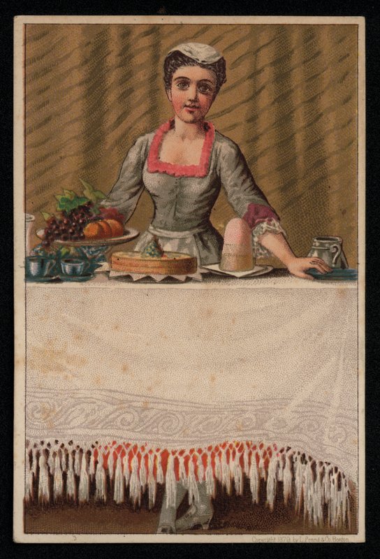 Uma empregada ou uma garota servindo uma mesa com comida, cartão de felicitações. (chromolitho) de English School