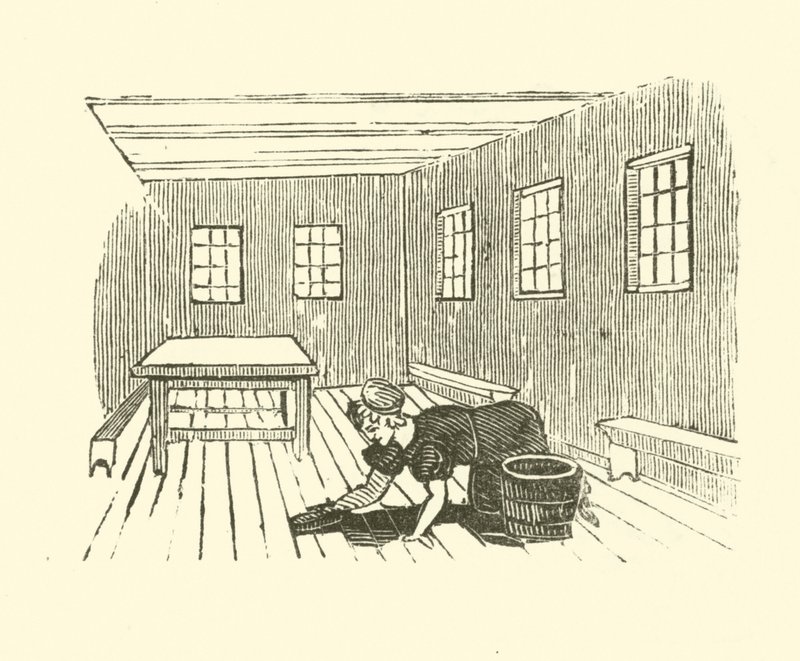 Uma empregada a esfregar o chão (xilogravura) de English School