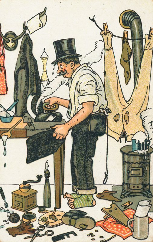 Um, homem, ironing, seu, roupas de English School