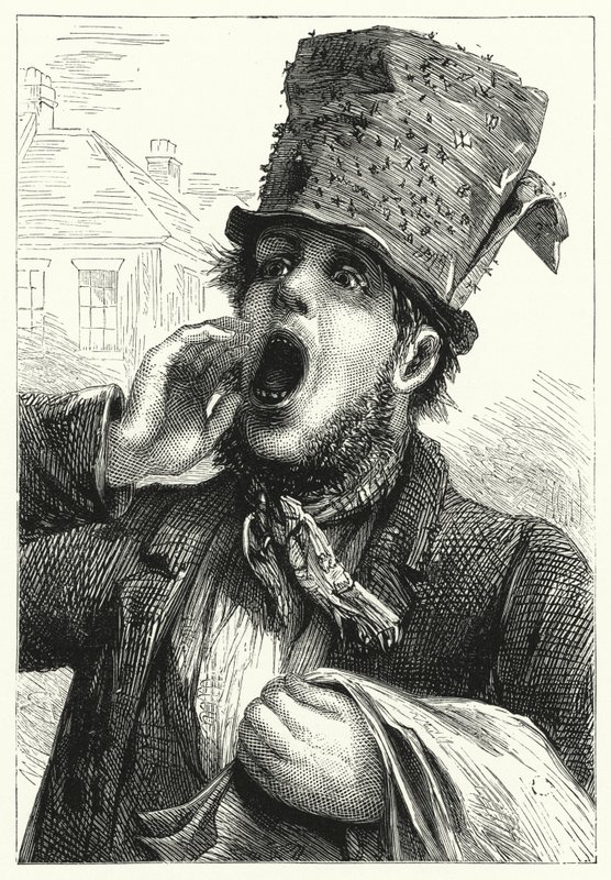 Um homem a vender papéis de mosca (litho) de English School