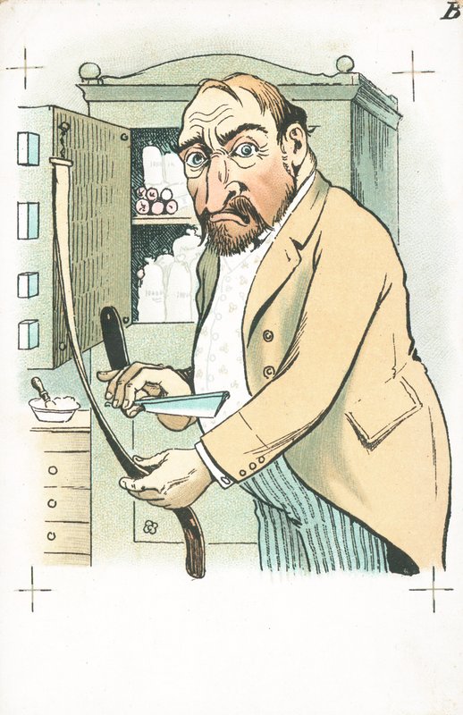 Um, homem, afiando, seu, navalha, ligado, um, couro, strop de English School