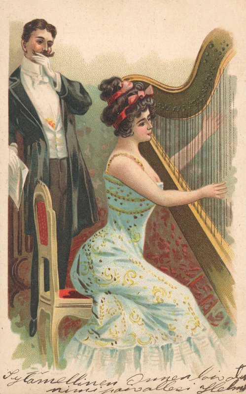 Homem, observar, mulher, tocando, harpa de English School