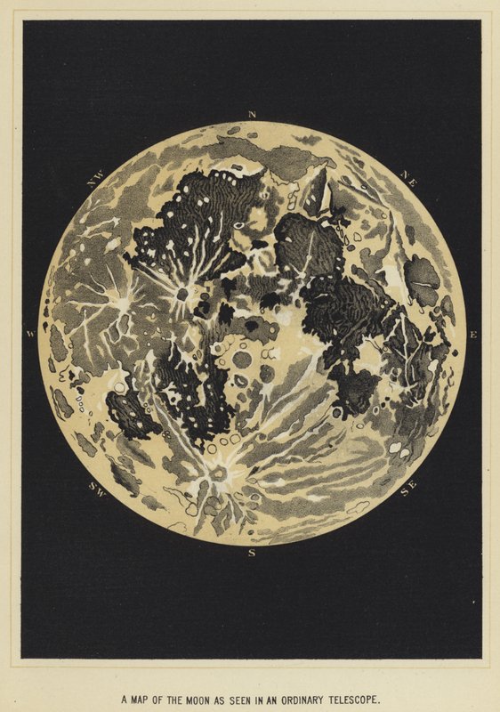 Um mapa da lua como visto em um telescópio comum de English School