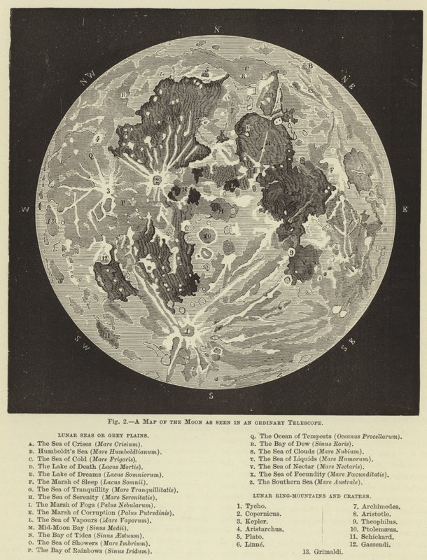 Um mapa da lua como visto em um telescópio comum de English School