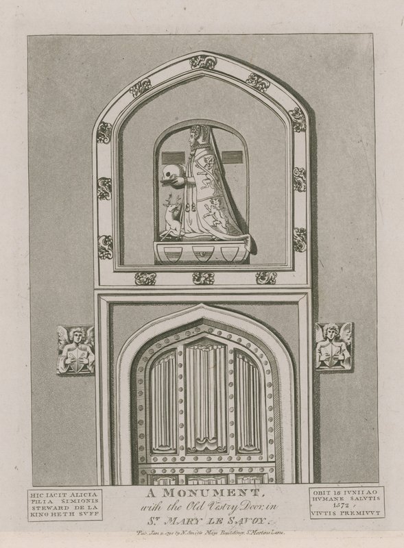 Um, monumento, com, a, antigas, vestry, porta, em, st mar mary le savoy de English School
