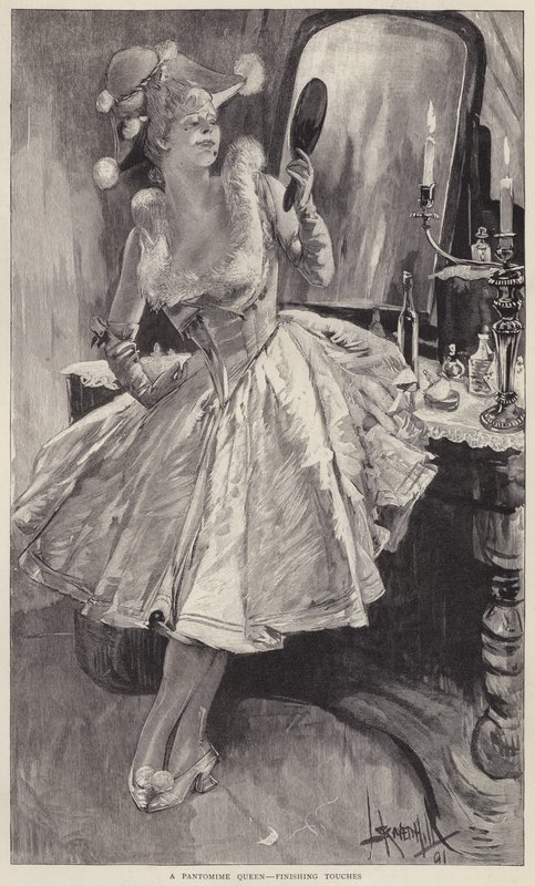 Uma rainha pantomima a dar os retoques finais à sua maquilhagem (litho) de English School
