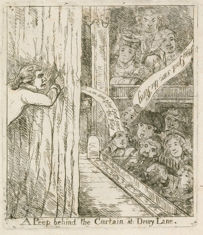 Uma espiada atrás da cortina em Drury Lane; desenho animado de English School