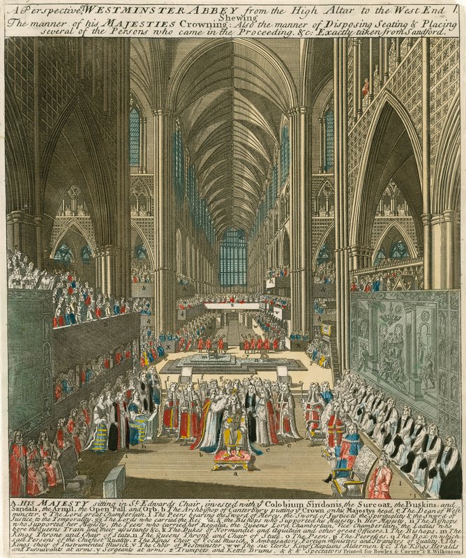 Uma perspectiva da Abadia de Westminster do Altar Alto para o West End na Coroação do Rei James II de English School