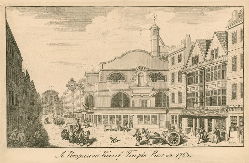 Uma vista em perspectiva do Temple Bar, Londres, em 1753 de English School