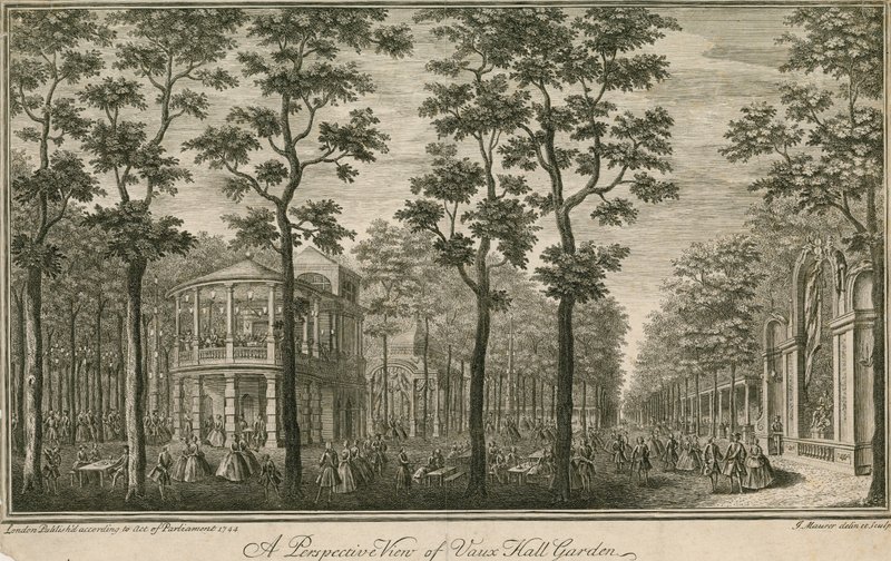Uma vista em perspectiva de Vauxhall Gardens, Londres de English School
