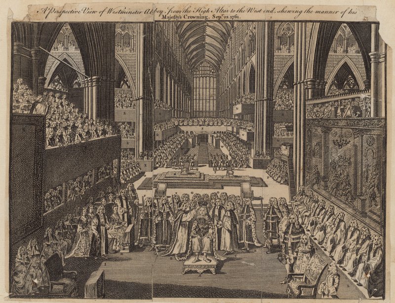 Uma vista em perspectiva da Abadia de Westminster do altar-mor no extremo oeste de English School
