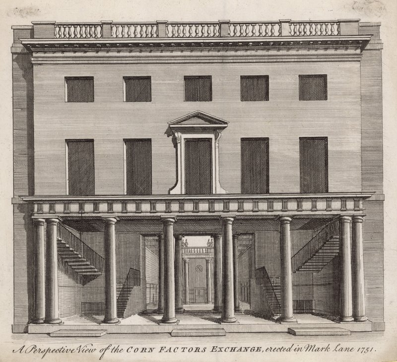Uma visão em perspectiva da troca dos fatores do milho, erigida em Mark Lane 1751 de English School